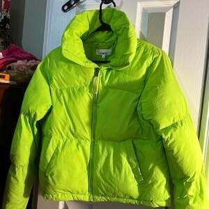 Neon Lime Green Puffer Jacket, CHEMIZTRY Full-Zip Quilted Coat - Size S